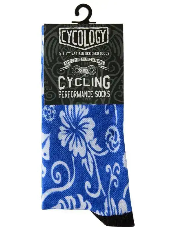 Blue floral cycling performance socks with black toe, branded Cycology packaging