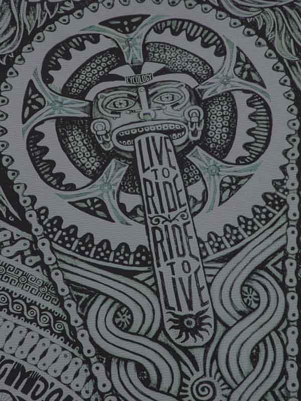 Cycling apparel graphic with 'Live to Ride, Ride to Live' slogan and intricate chain-inspired design