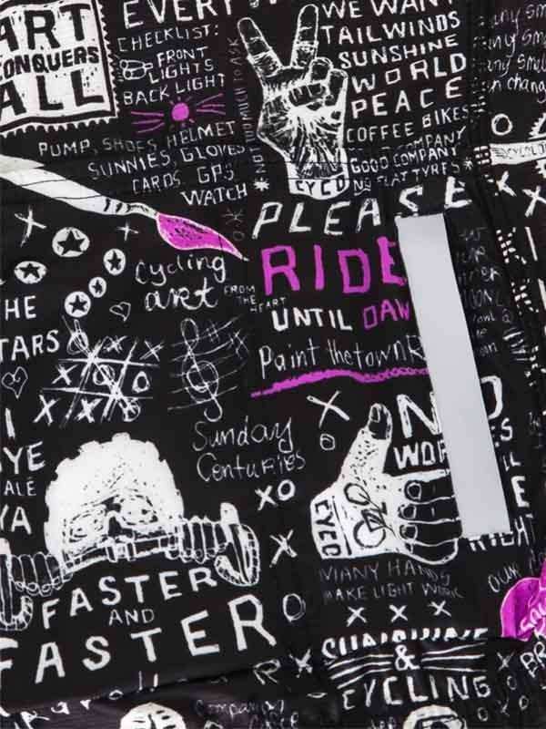 Black cycling jersey with bold white and pink graffiti-style graphics, peace signs, and cycling slogans like 'RIDE UNTIL DAWN'
