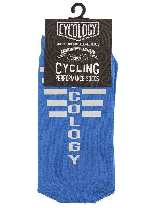 Blue cycling performance socks with white 'CYCOLOGY' lettering, artisan-designed for bike culture