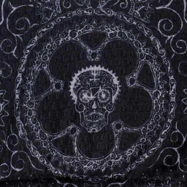Skull and gear design on black cycling jersey fabric, edgy bike apparel detail