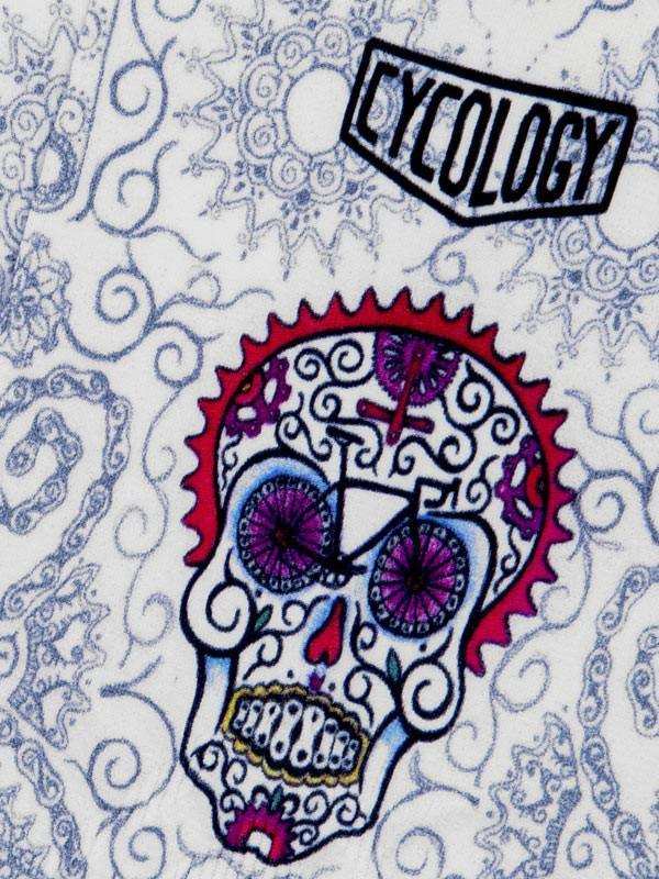 Cycology cycling jersey with sugar skull and gear design, vibrant purple and red details on white fabric