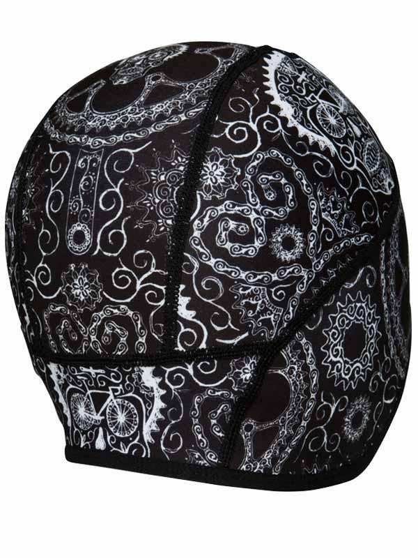 Black cycling skull cap with white paisley and bike gear pattern, breathable fabric for road biking