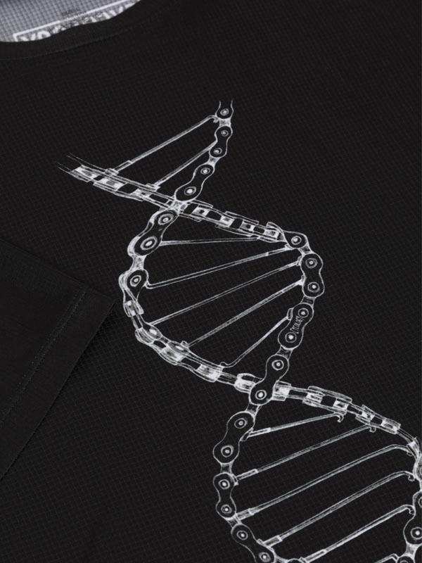 Black cycling jersey with white DNA chain graphic design, breathable fabric for men and women