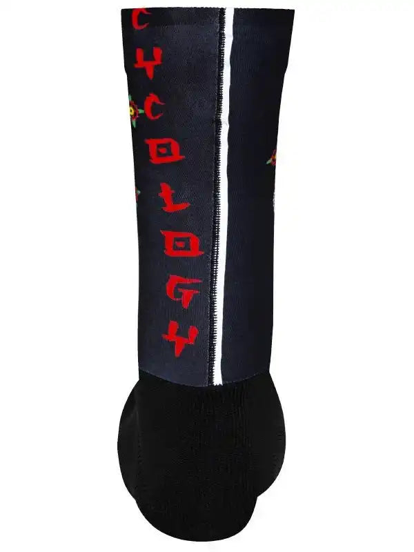 Black cycling sock with red vertical text and white stripe, designed for performance and comfort.