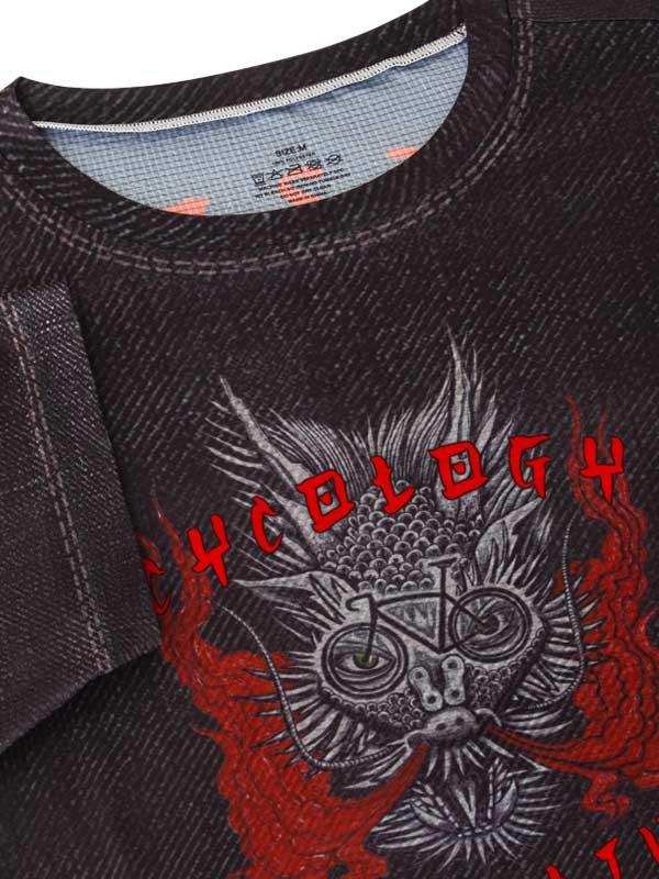 Men's cycling t-shirt with bold graphic owl and bike design, red accents, dark textured fabric