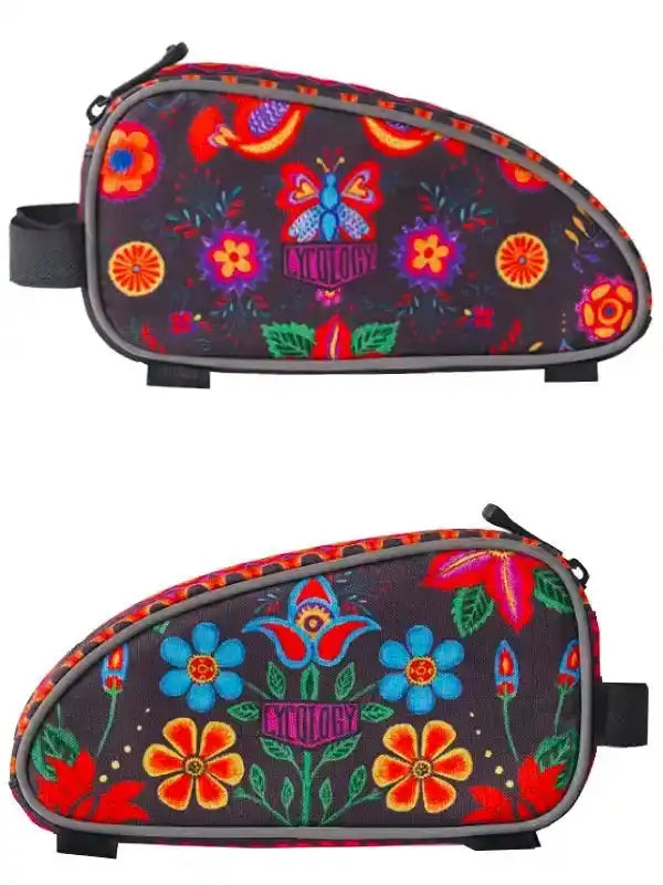Vibrant floral and butterfly patterned cycling saddle bag with bold colors and secure zipper