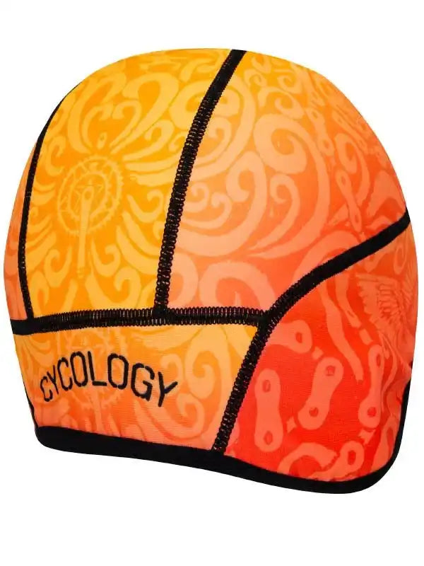 Orange and yellow cycling cap with swirl pattern and 'CYCOLOGY' text, designed for cyclists.