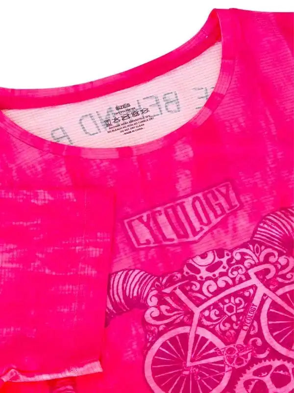 Pink women's cycling jersey with ornate bike graphic and 'CYCOLOGY' branding, breathable fabric
