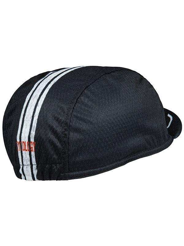 Black cycling cap with white stripes and red logo, designed for men's and women's bike rides