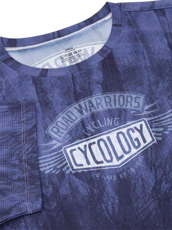 Blue cycling jersey with 'Road Warriors Cycology' graphic, pocket detail, and performance fabric