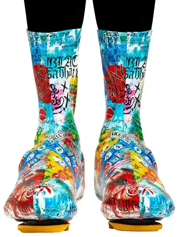 Colorful graffiti-style cycling socks with bold graphics and text, designed for men and women riders.