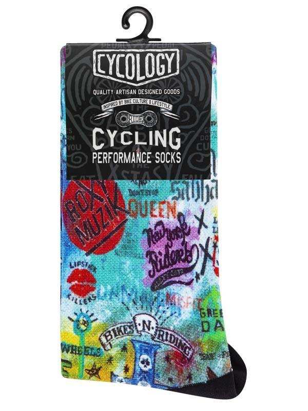 Colorful cycling performance socks with graffiti-style designs, ideal for bike culture enthusiasts
