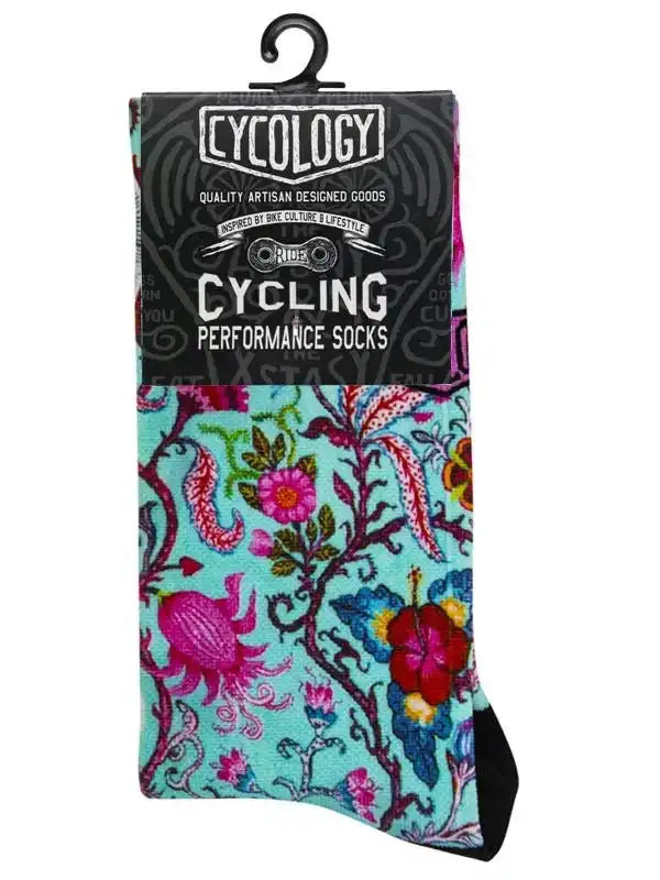 Cycling performance socks with vibrant floral pattern, artisan-designed for bike culture