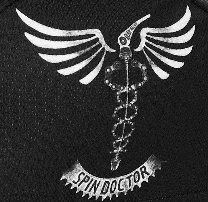 Black cycling jersey with white 'Spin Doctor' winged chain graphic design