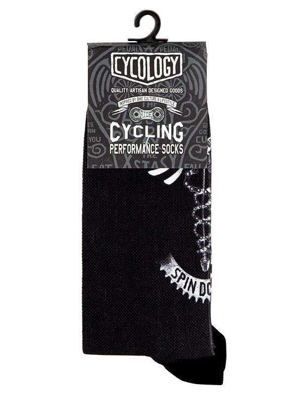 Black cycling performance socks with chain graphic, artisan-designed for bike culture