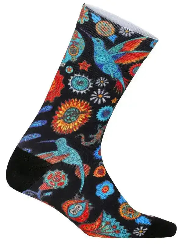 Colorful cycling socks with hummingbird and floral pattern on black background for men or women