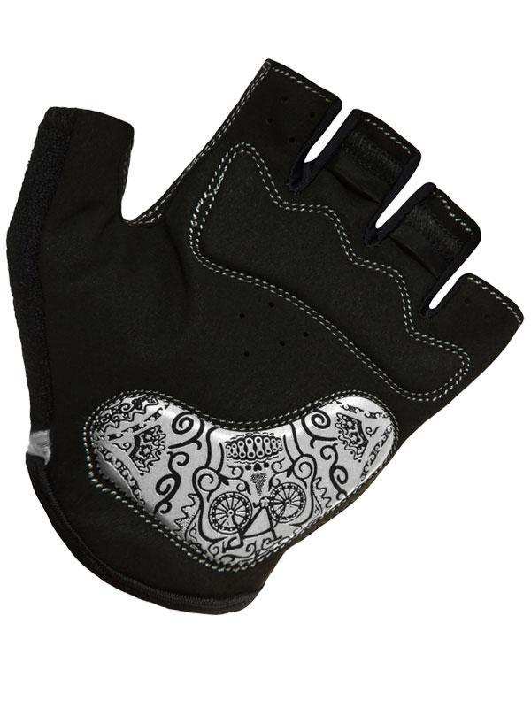 Black fingerless cycling glove with silver sugar skull and bike design, breathable fabric