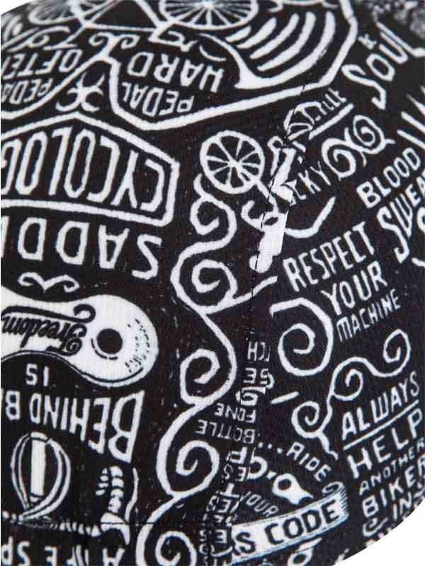 Black cycling jersey with white graphic print featuring cycling phrases and bike icons