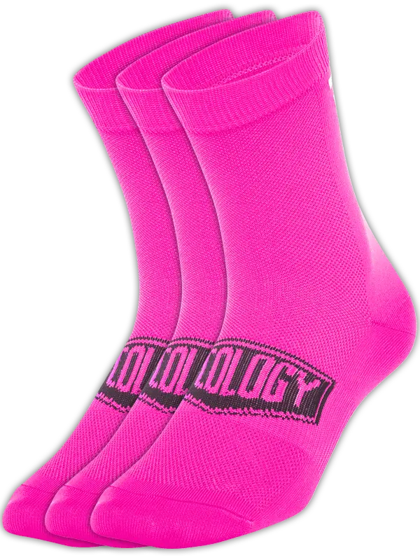 Three bright pink crew socks , featuring a reflective "Cycology" text graphic vertically on the back of the socks for visibility.