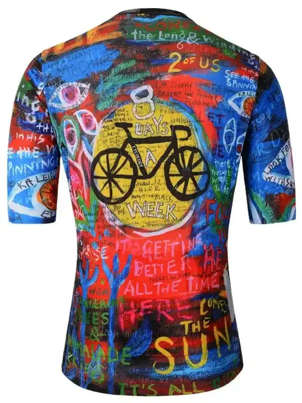 Colorful cycling jersey with bike graphic and motivational text, perfect for men's or women's rides