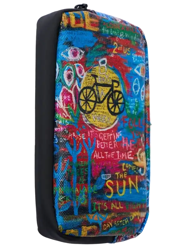 Colorful cycling accessory bag with graffiti-style bike art and motivational phrases for cyclists