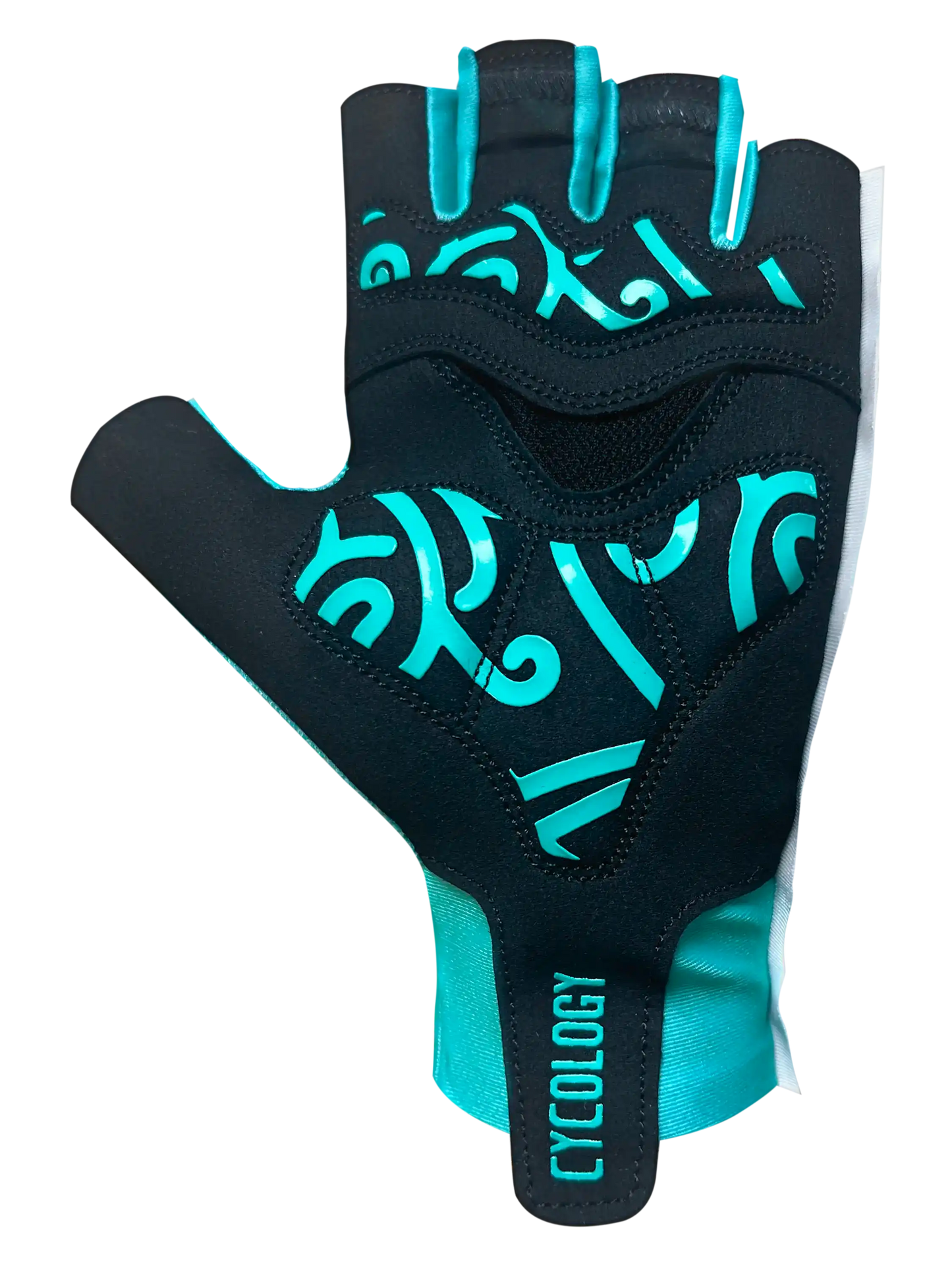 Black and teal cycling glove with ergonomic design and breathable mesh, ideal for road and mountain biking comfort.