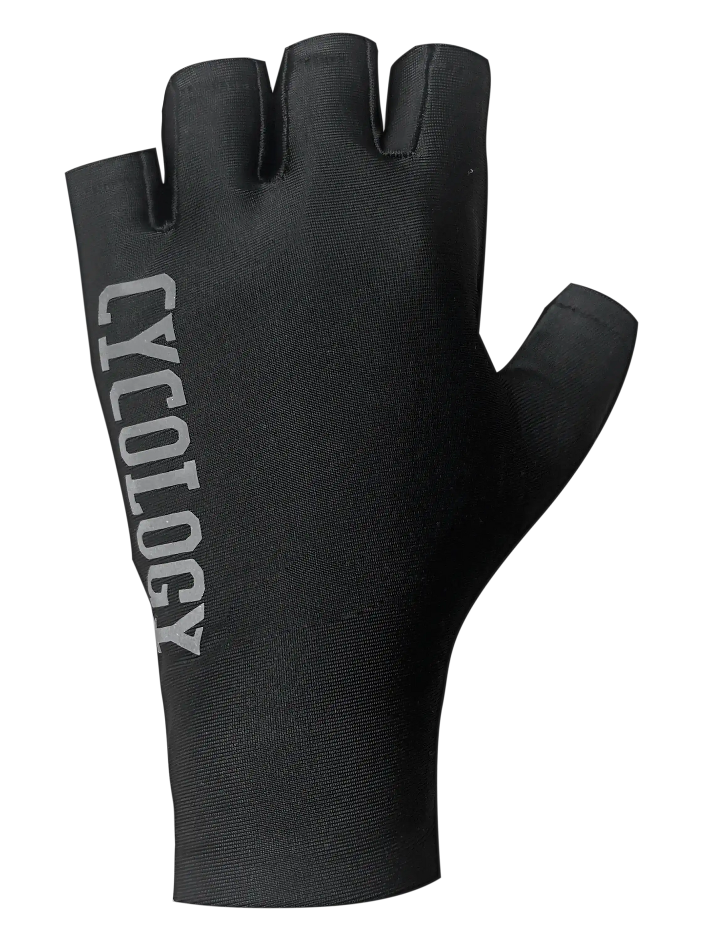 Black fingerless cycling glove with 'CYCOLOGY' logo, designed for men's and women's bike rides