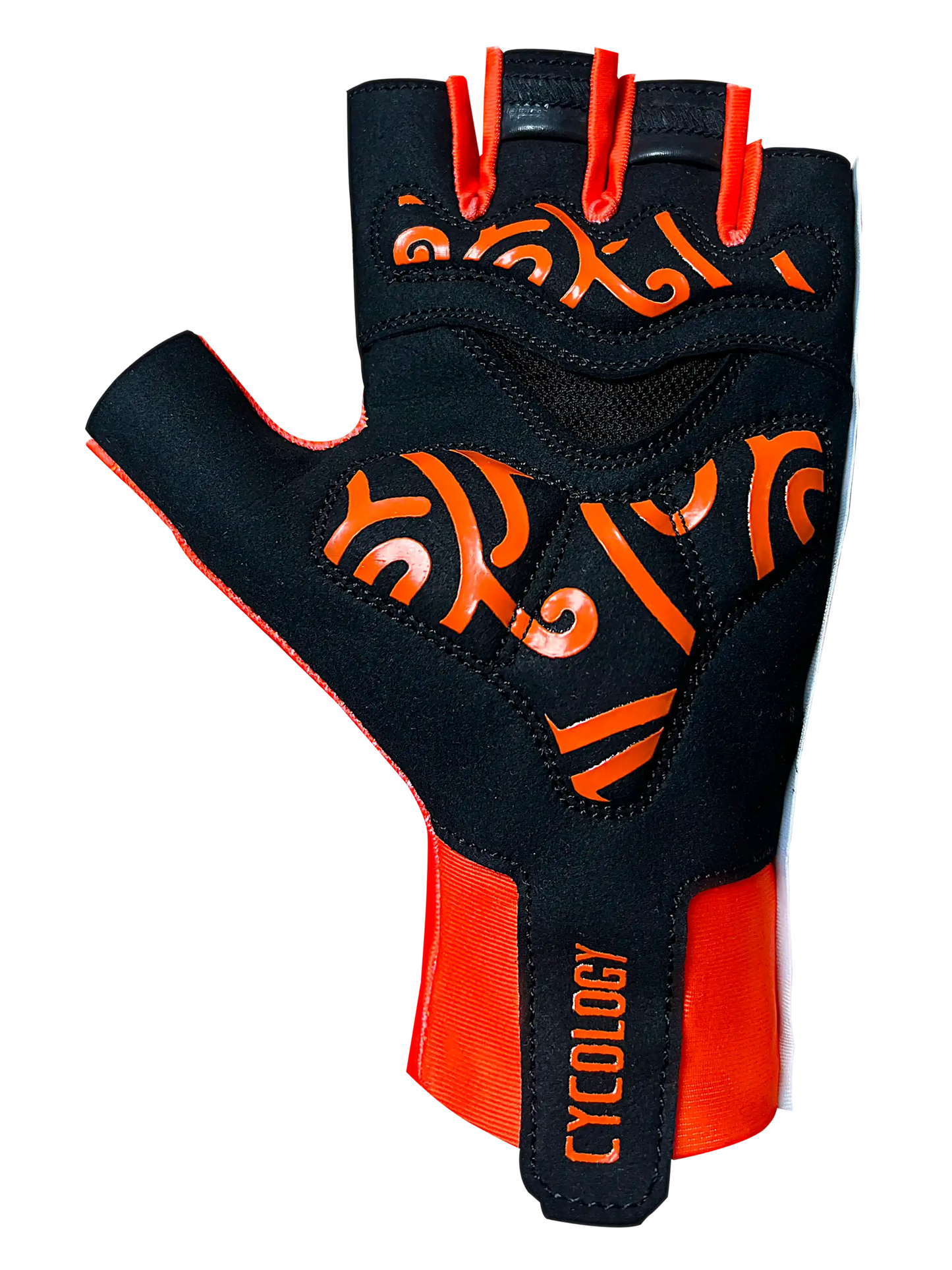 Black and orange fingerless cycling gloves with bold graphic design, ideal for men's and women's bike rides.
