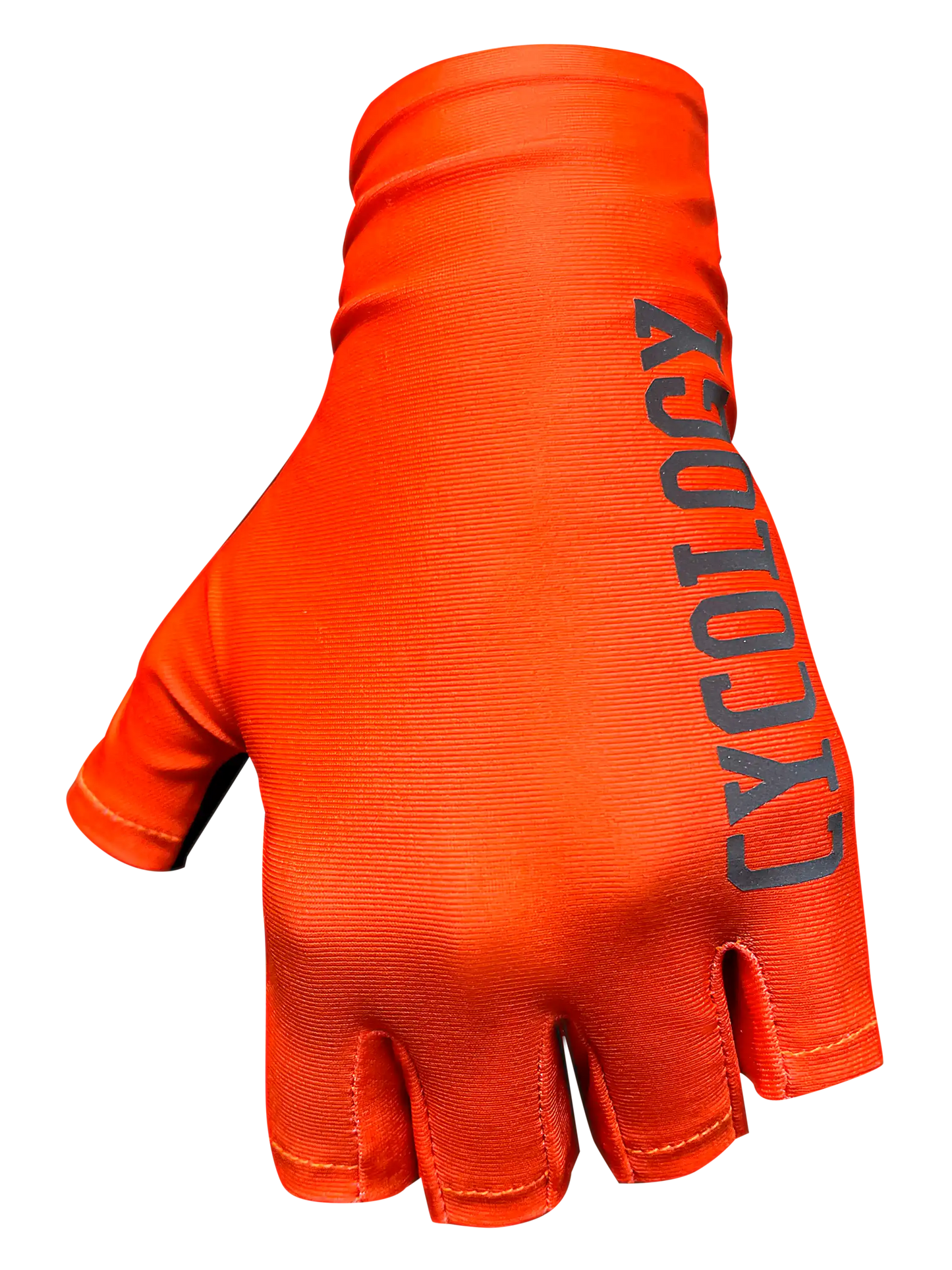 Bright orange cycling glove with black CYCOLOGY logo, fingerless design for men or women