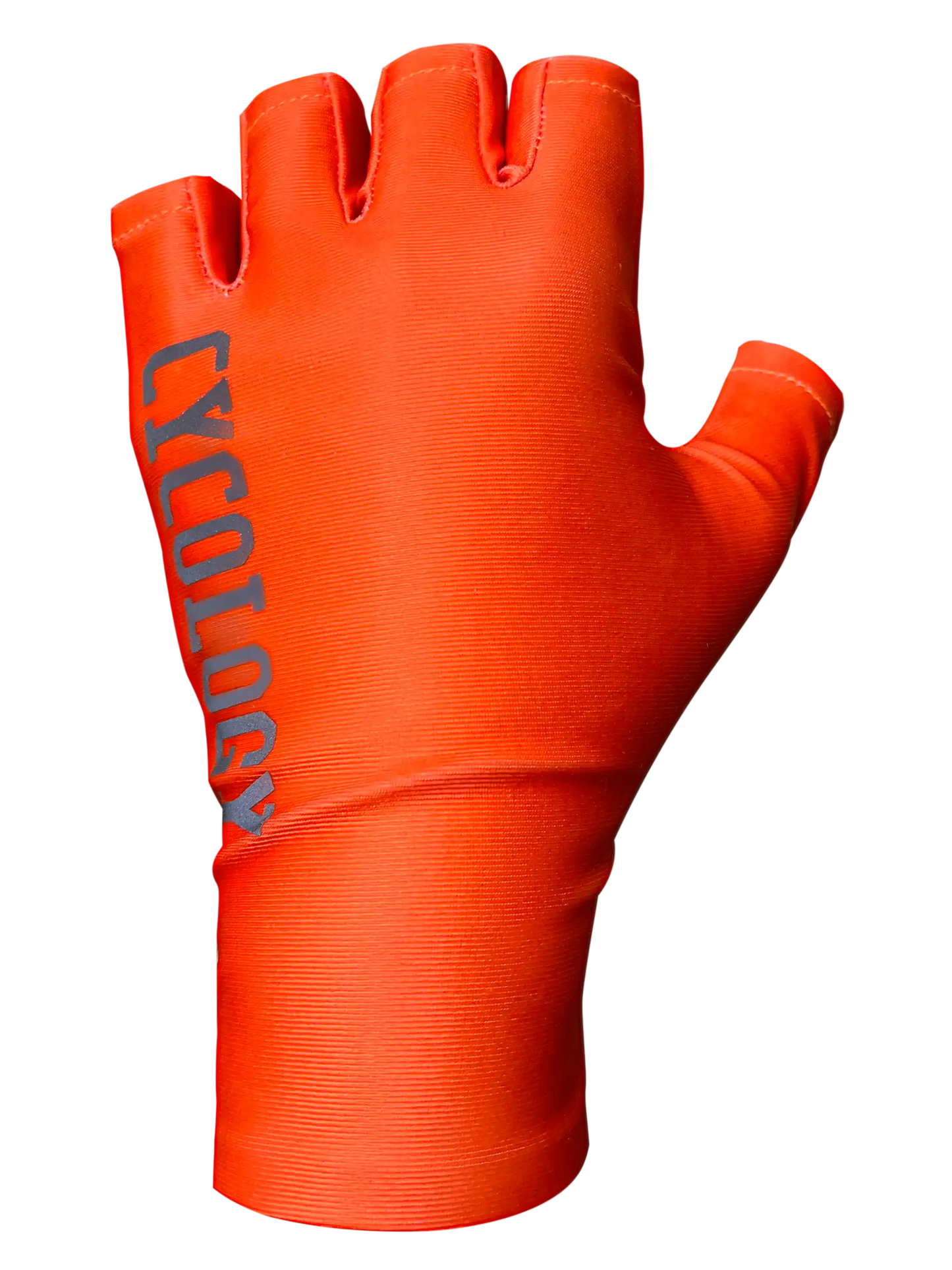 Bright orange fingerless cycling glove with 'CYCOLOGY' branding, ideal for men's and women's bike rides.