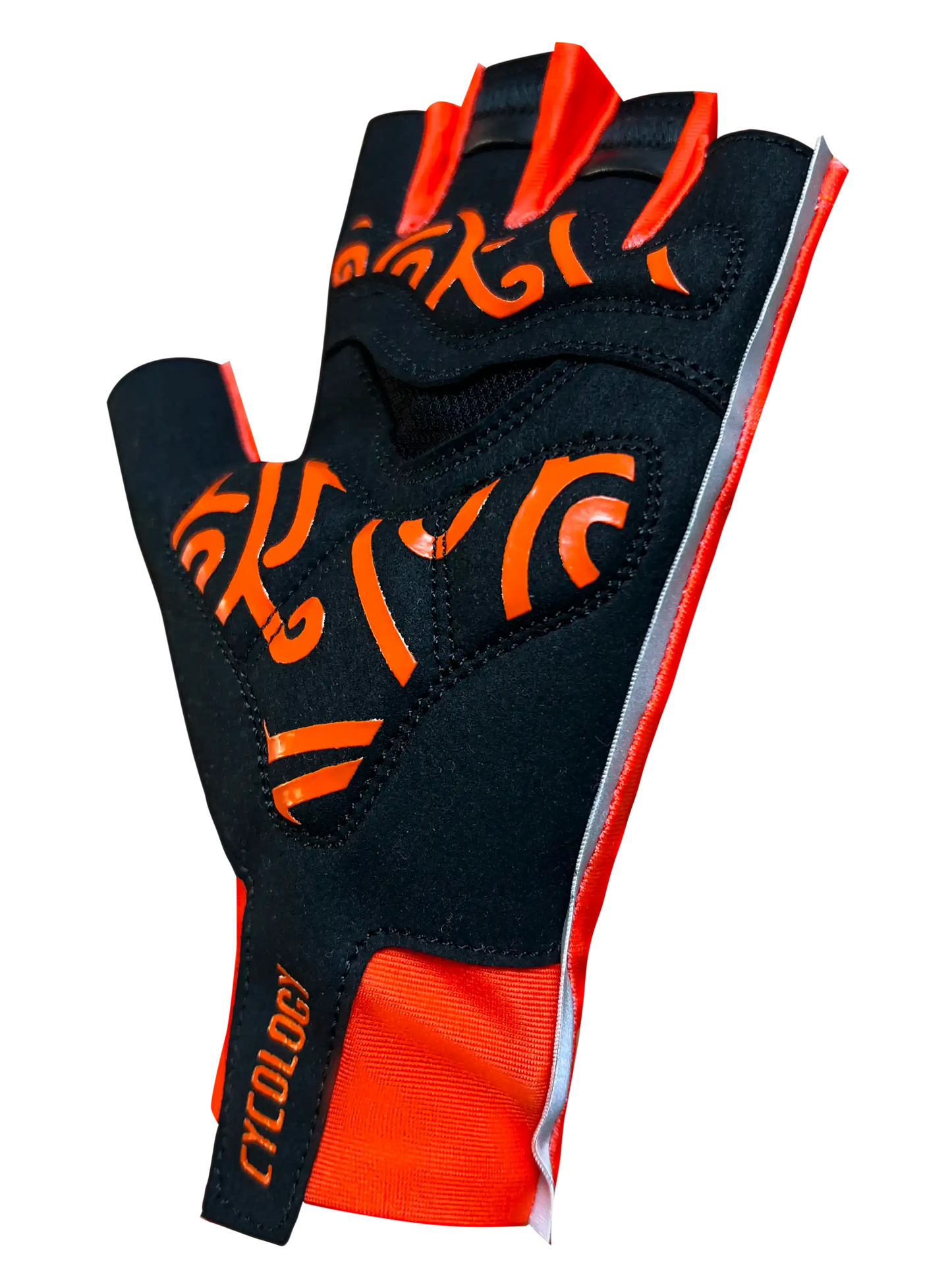 Black and orange cycling glove with fingerless design and reflective stripe for men's or women's bike rides