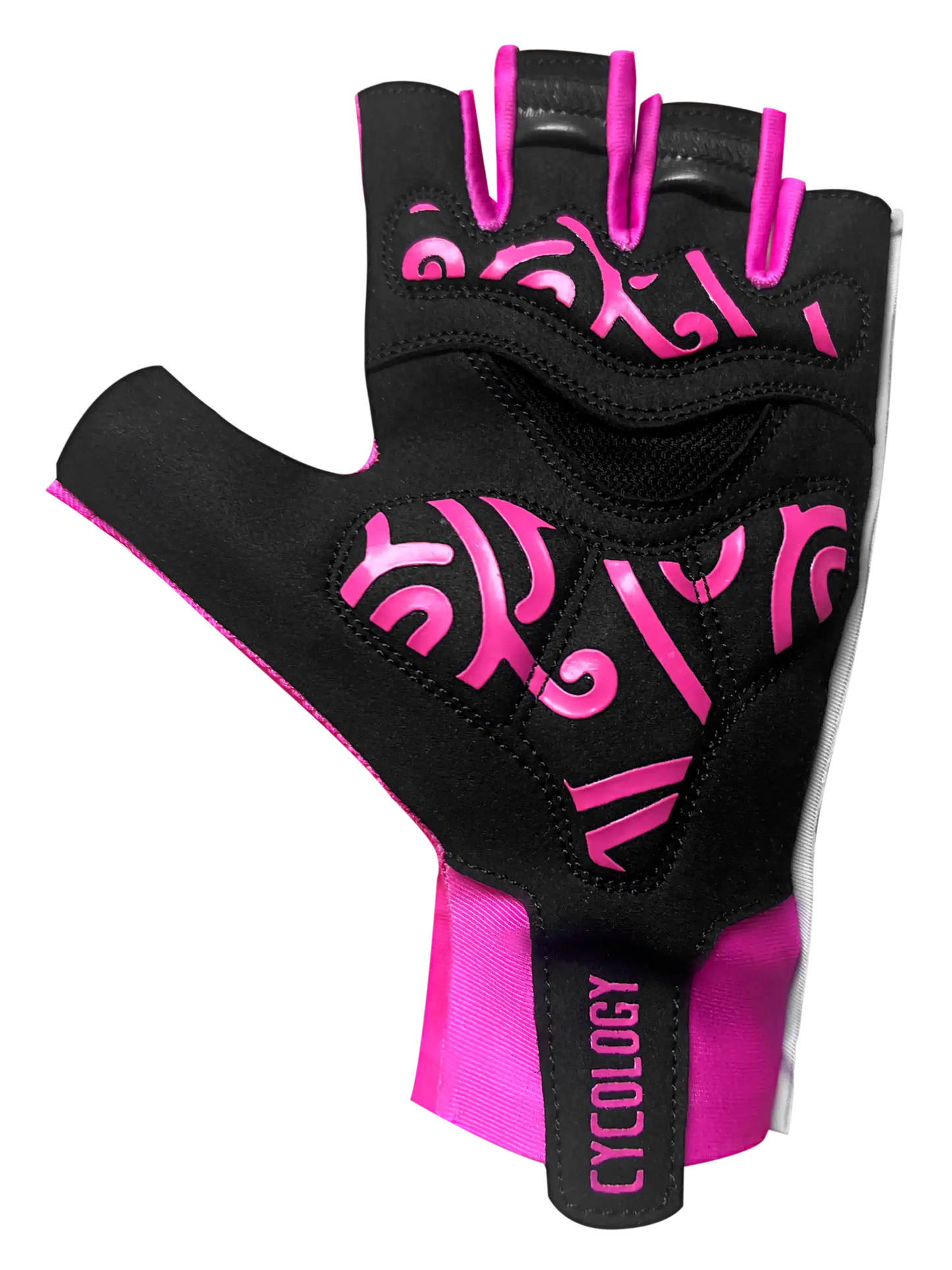 Black and pink fingerless cycling gloves with bold graphic design, ideal for road biking comfort and style.