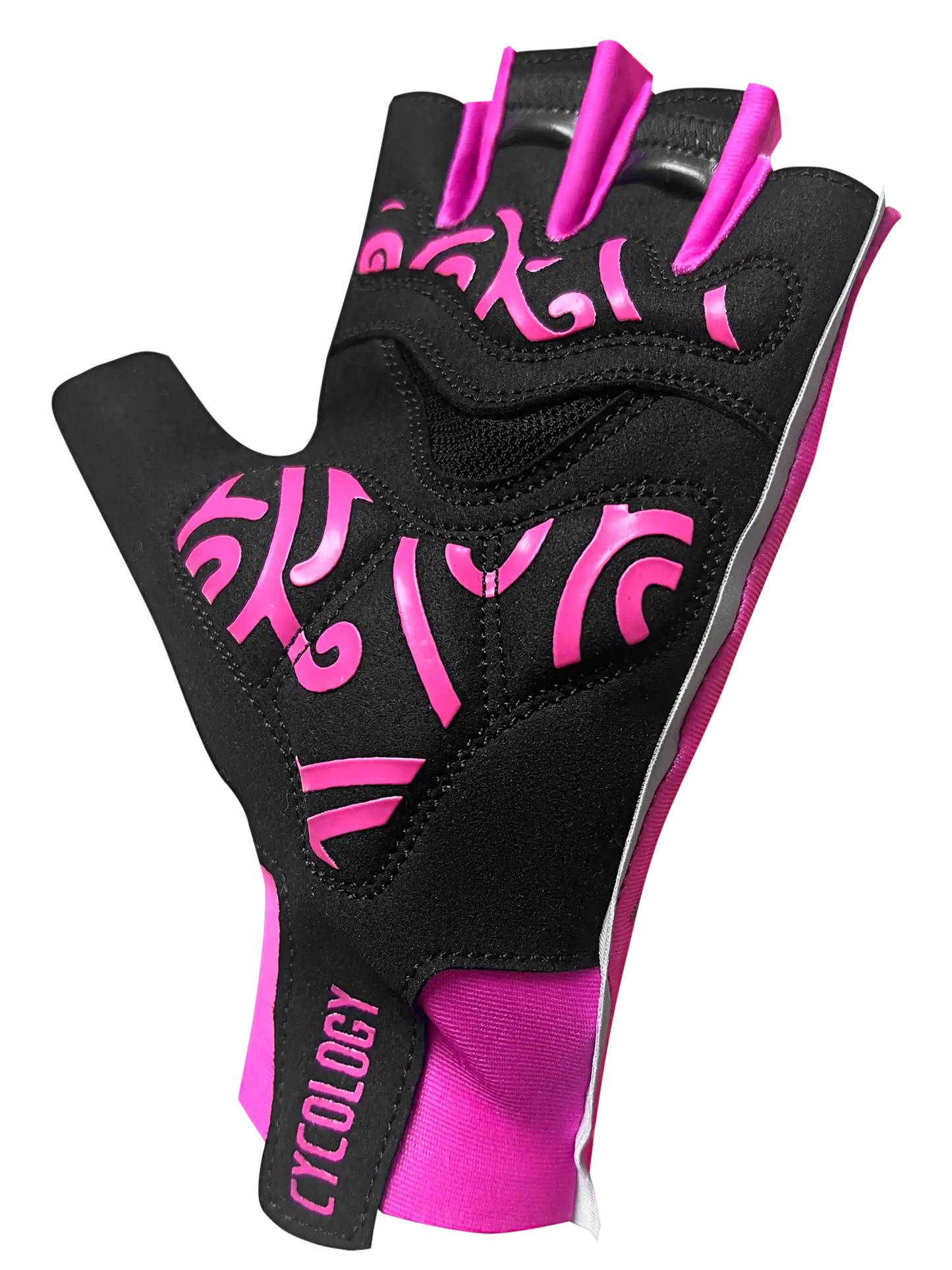 Black and pink fingerless cycling gloves with bold graphic design for women's bike rides
