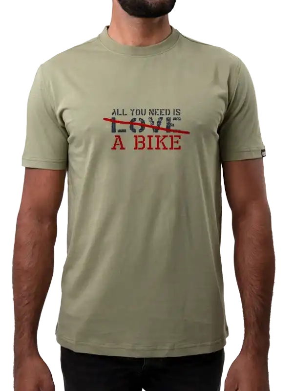 Men's olive cycling t-shirt with 'All You Need Is A Bike' graphic, perfect for bike lovers and riders.