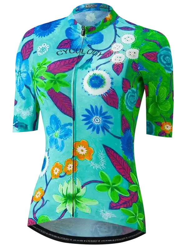 Women's cycling jersey with vibrant floral print, short sleeves, and full zip for road biking comfort.