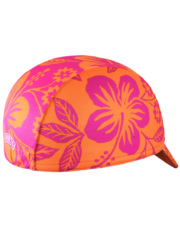 Neon pink and orange cycling cap with Hawaiian floral pattern 