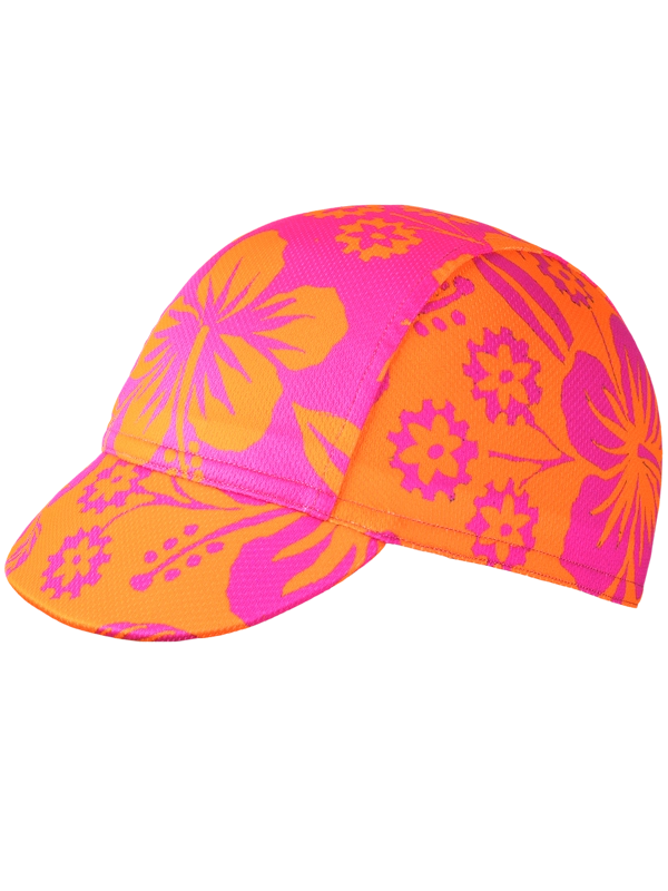 Neon pink and orange cycling cap with Hawaiian floral pattern 
