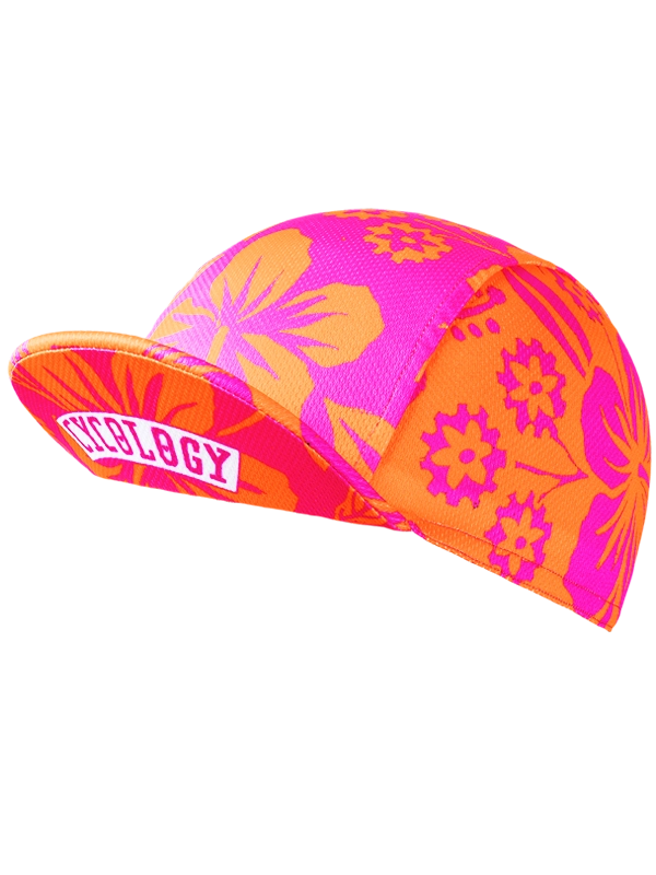 Neon pink and orange cycling cap with Hawaiian floral pattern 