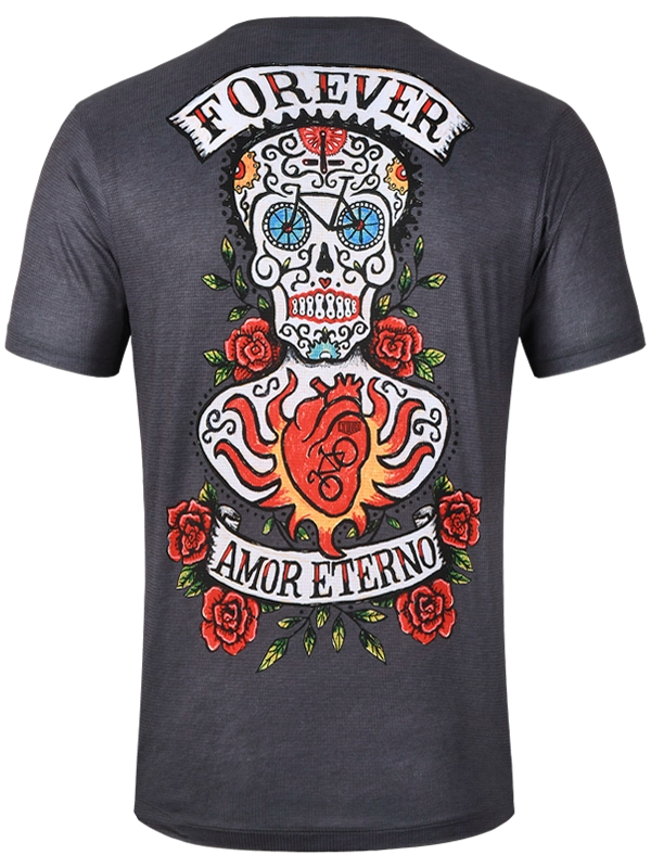 Gray men's  tech  t-shirt with a colorful skull and heart design on the back, featuring the text 'Forever Amor Eterno'.