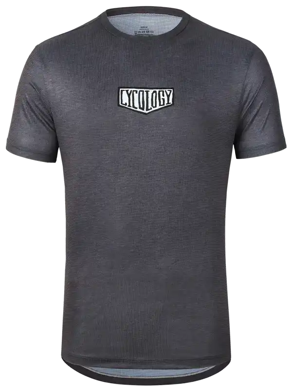 Men's cycling jersey with 'Cycology' logo, dark gray textured fabric, short sleeves, performance fit