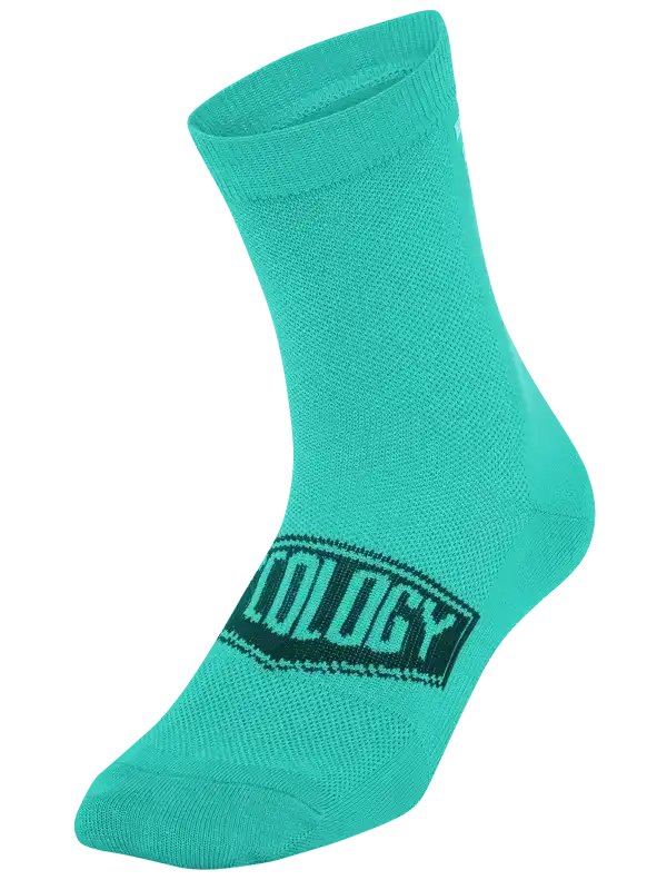 Turquoise cycling sock with 'OLOGY' logo, breathable mesh fabric for men's and women's bike rides