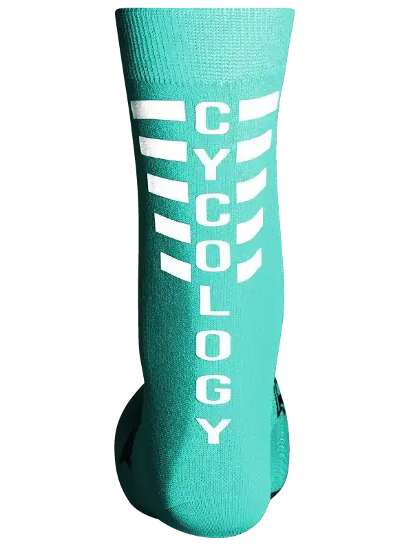 Teal cycling sock with white CYCOLOGY lettering, designed for men's and women's bike rides