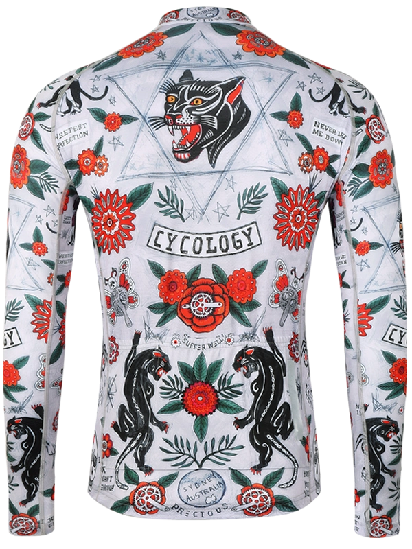 Long-sleeve cycling jersey with floral and panther design on a grey background
