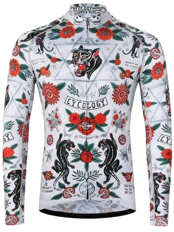 Men's cycling jersey with bold panther and floral tattoo print, long sleeves, full zip, performance fabric