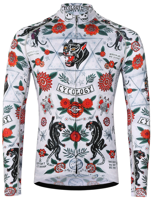 Long-sleeve cycling jersey with floral and panther design on a grey background