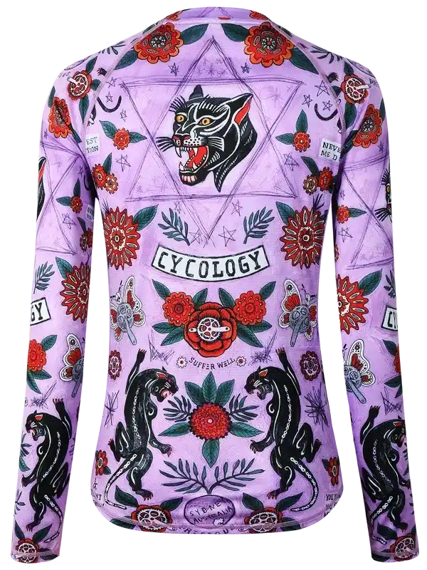 Purple long-sleeve cycling jersey with bold black panther, floral, and tattoo-style graphics for men or women