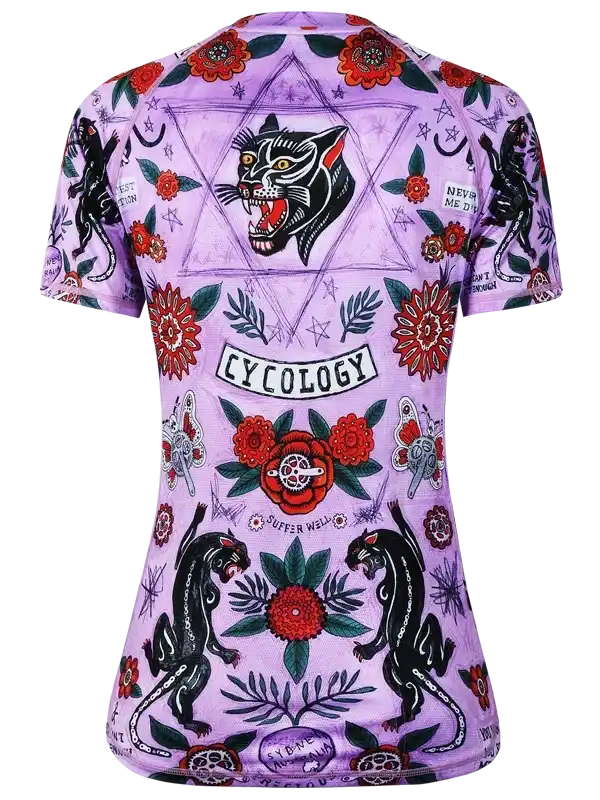 Purple cycling jersey with black panthers, red flowers, and 'Cycology' text for women's bike wear