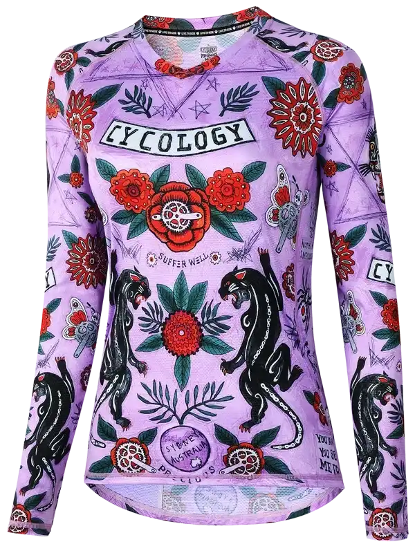 Purple cycling jersey with floral and panther designs, ideal for men's and women's rides