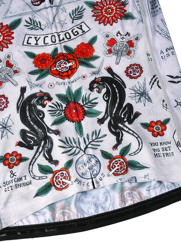 Product close up with black panther design, red flowers, and text on a light grey background